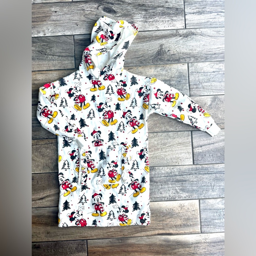 NWT Disney Zara All Over Mickey Mouse Santa Hoodie Pullover Tunic Dress Sz 8